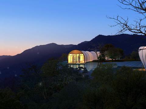  现代山间帐篷园林夜景景观psd 