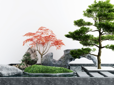  新中式松树假山园艺小品3d模型 