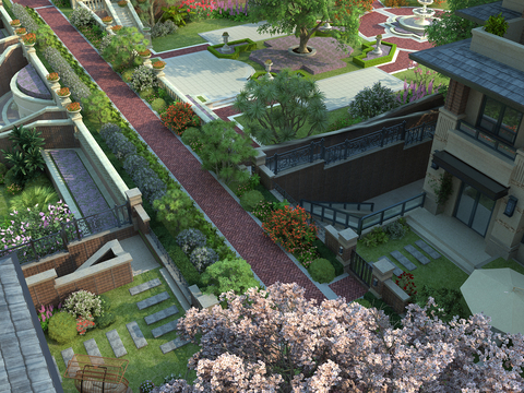  现代别墅小区园林景观3d模型 