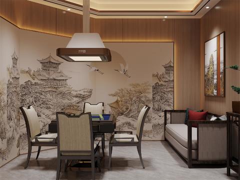  新中式麻将房 棋牌室3d模型 