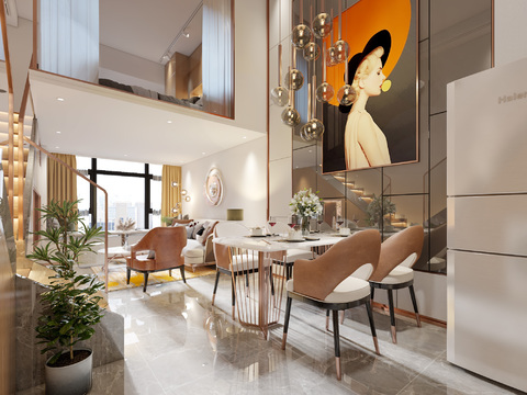  现代轻奢公寓客厅餐厅3d模型 