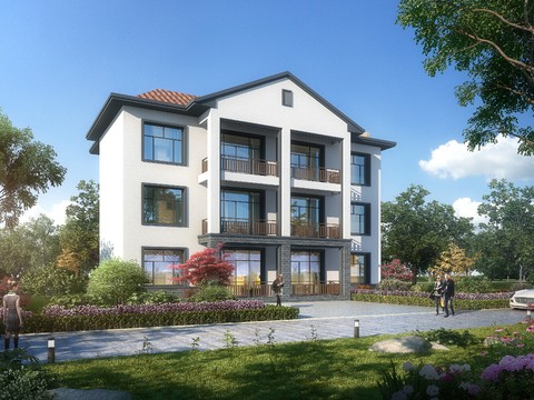  新中式独栋别墅建筑外观psd 