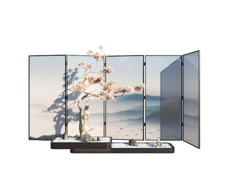  新中式松树假山屏风小品3d模型 