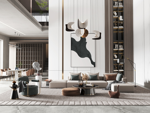  现代挑空别墅客厅3d模型 