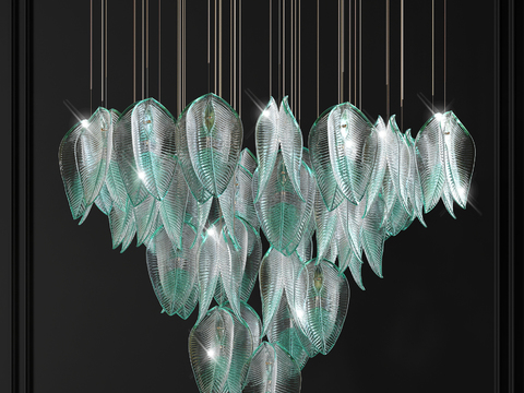  现代艺术奢华玻璃吊灯3d模型下载 绿色透明叶片水晶灯饰 高端室内装饰灯具 