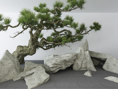 新中式石头假山松树3d模型 