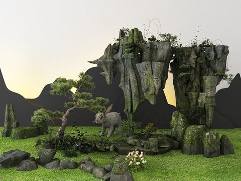  现代假山草地园艺景观3d模型 