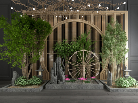  新中式树木假山园艺小品3d模型 