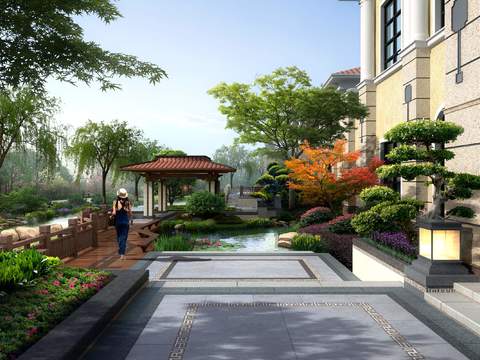  现代庭院花园景观psd 