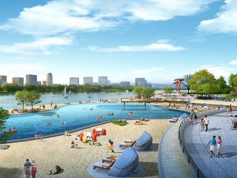  现代沙滩水上泳池景观psd 