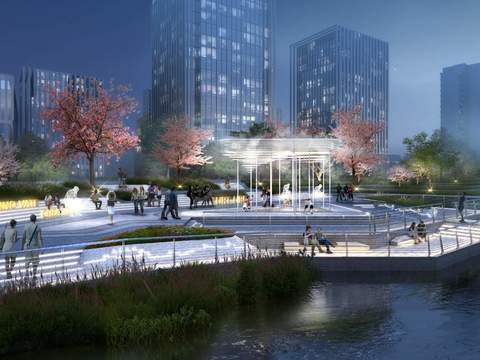  公园建筑构件外观夜景psd 