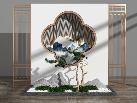  新中式枯山树枝玄关景观3d模型 