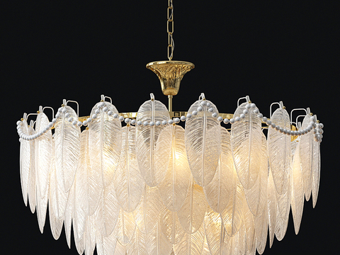  轻奢水晶羽毛吊灯3d模型下载 复古珍珠装饰吊灯 奢华金色金属吊顶灯饰 