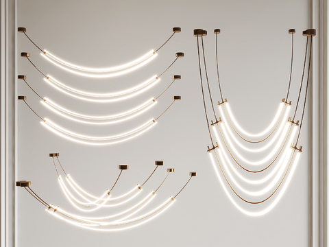  现代简约金属支架LED灯带吊灯3d模型下载 大堂装饰线条灯具 设计 