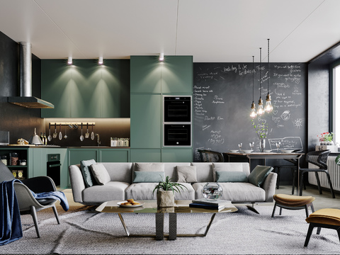  北欧公寓客厅餐厅厨房3d模型 