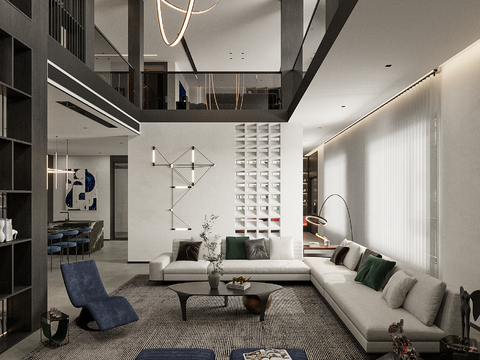  现代别墅大堂餐厅3d模型 