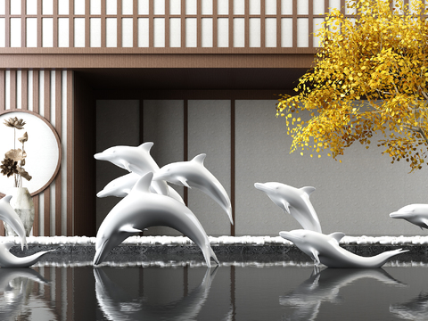  新中式海豚雕塑水景景观小品3d模型 