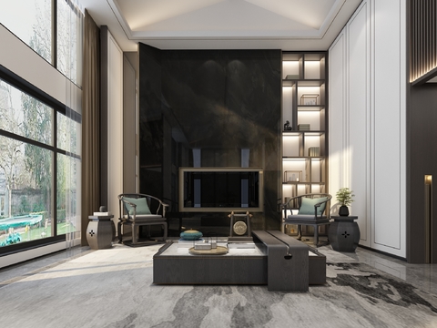  新中式挑高别墅客厅3d模型 