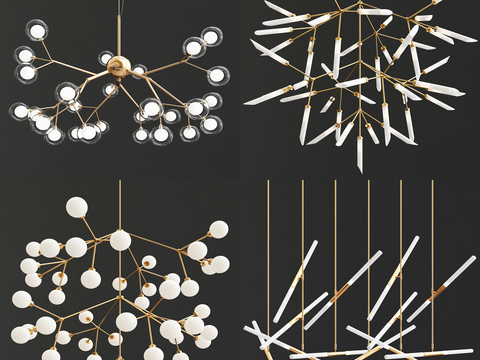  金色白色搭配现代树枝状吊灯3d模型下载 简约家居装饰灯具室内设计 优雅枝形吊灯客厅卧室灯饰 