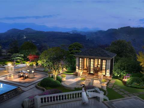  新中式别墅外观鸟瞰psd 