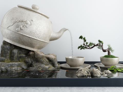  新中式假山水景荷花景观小品3d模型 