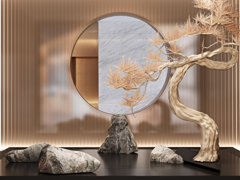  新中式枯树石头景观小品3d模型 