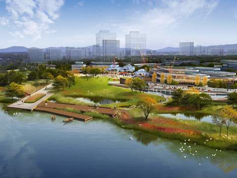  现代湿地公园建筑外观鸟瞰psd 