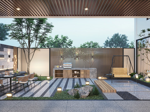  现代别墅庭院夜景3d模型 