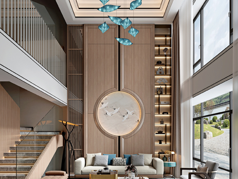  新中式挑空别墅客厅 别墅大堂3d模型 