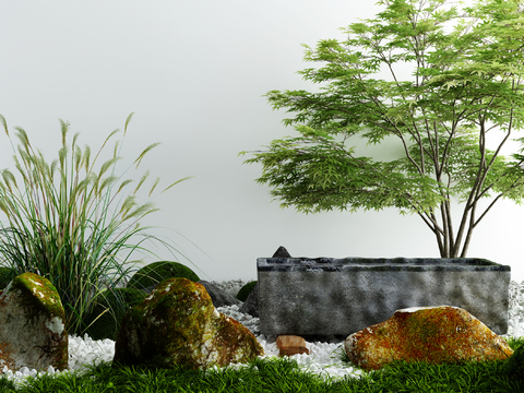  新中式芦苇石头树小品3d模型 