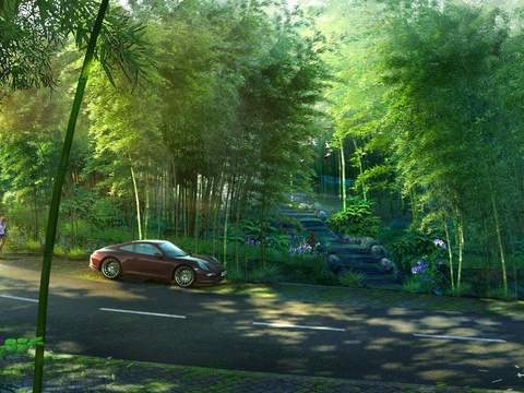  现代山间竹林景观psd 