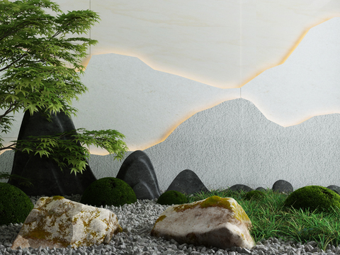  新中式假山灌木草树小品3d模型 