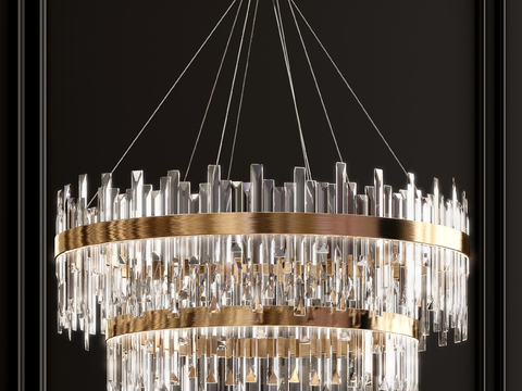  现代轻奢双层水晶吊灯3d模型下载 客厅卧室灯具 金色透明水晶装饰 