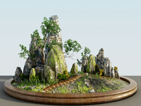  新中式假山植物景观摆件3d模型 