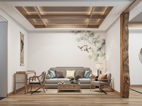  新中式民宿客房双床房3d模型 