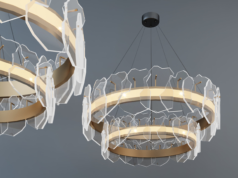  现代简约金属环水晶吊灯3d模型下载 透明玻璃片装饰艺术灯具 家居酒店大厅装饰照明设计 