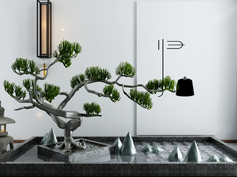  新中式松树水池景观3d模型 