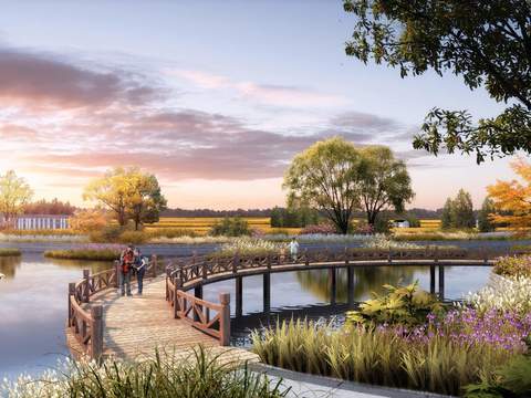  现代湖边廊桥园林景观psd 