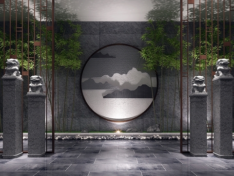  新中式石狮竹子园艺小品3d模型 