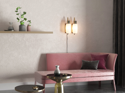  现代贵妃椅3d模型下载 客厅粉色沙发搭配金属玻璃茶几 装饰架绿植灯具舒适场景 