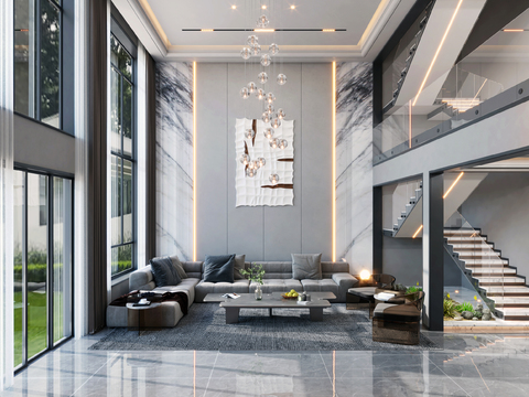  现代别墅客厅餐厅3d模型 