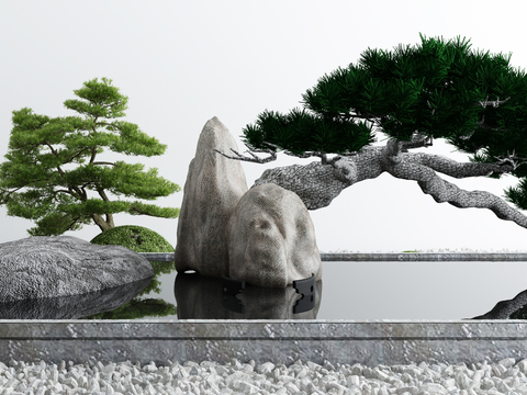  新中式松树水池小品3d模型 