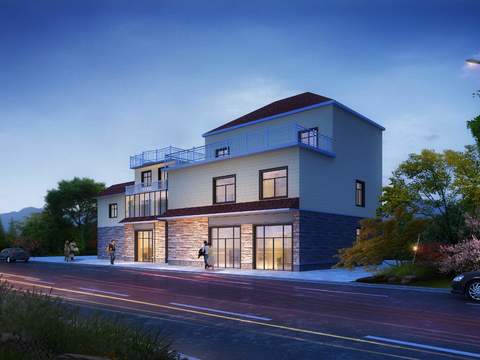  现代独栋别墅外观景观psd 