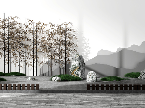  新中式假山竹子景观小品3d模型 