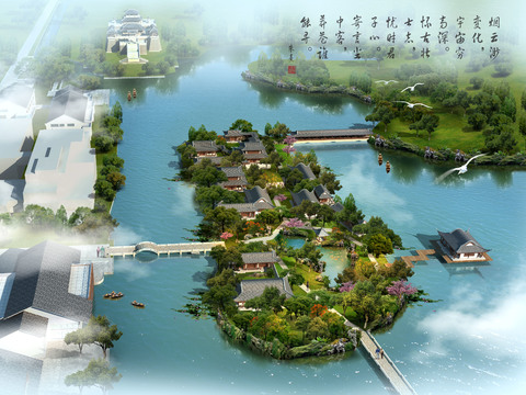  中式湿地公园 古建园林psd 