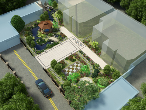  现代别墅园林景观俯瞰3d模型 