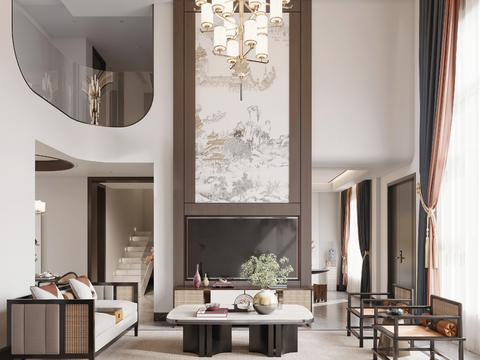  新中式轻奢挑空别墅客厅餐厅3d模型 