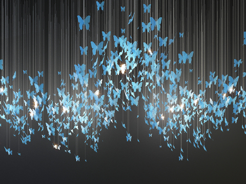  立体蝴蝶装饰灯3d模型下载 抽象艺术灯光设计 蓝色梦幻悬挂光线背景 