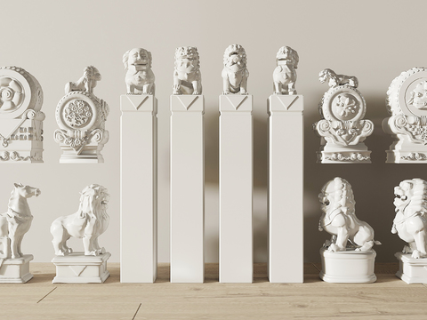  新中式拴马桩 抱鼓石 石狮子雕塑3d模型 