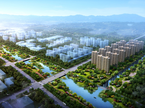  河道景观鸟瞰psd 